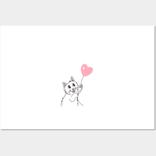 Sweet white cat with heart balloon Posters and Art